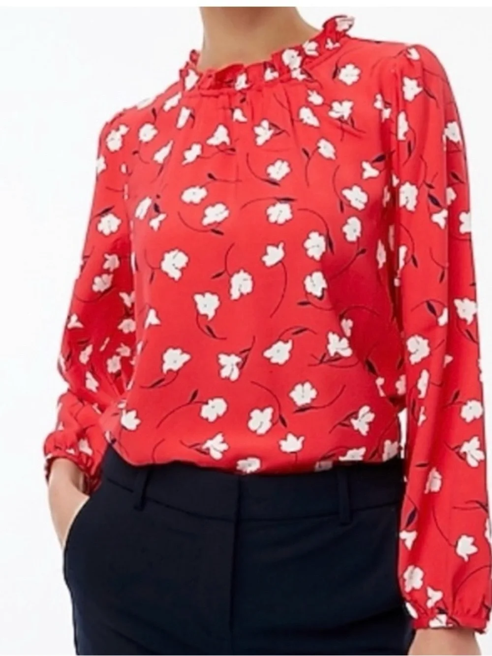 J.Crew Floral Ruffle Neck Long Sleeve Blouse Red White Size Small Classic Office